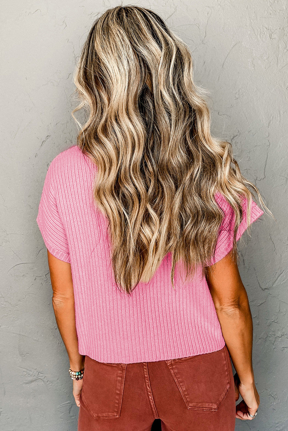 PRE ORDER Pink Patch Pocket Ribbed Knit Short Sleeve Sweater/ ETA 1/26