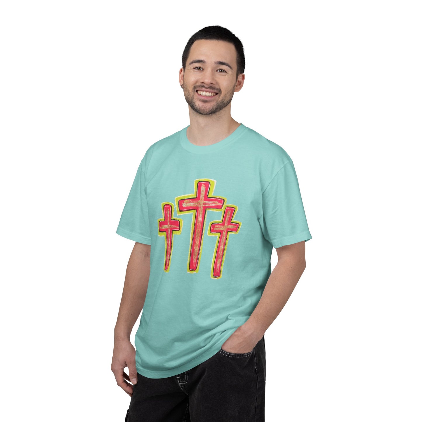 Christian Cross T-Shirt — Pink Triple Cross Graphic Tee