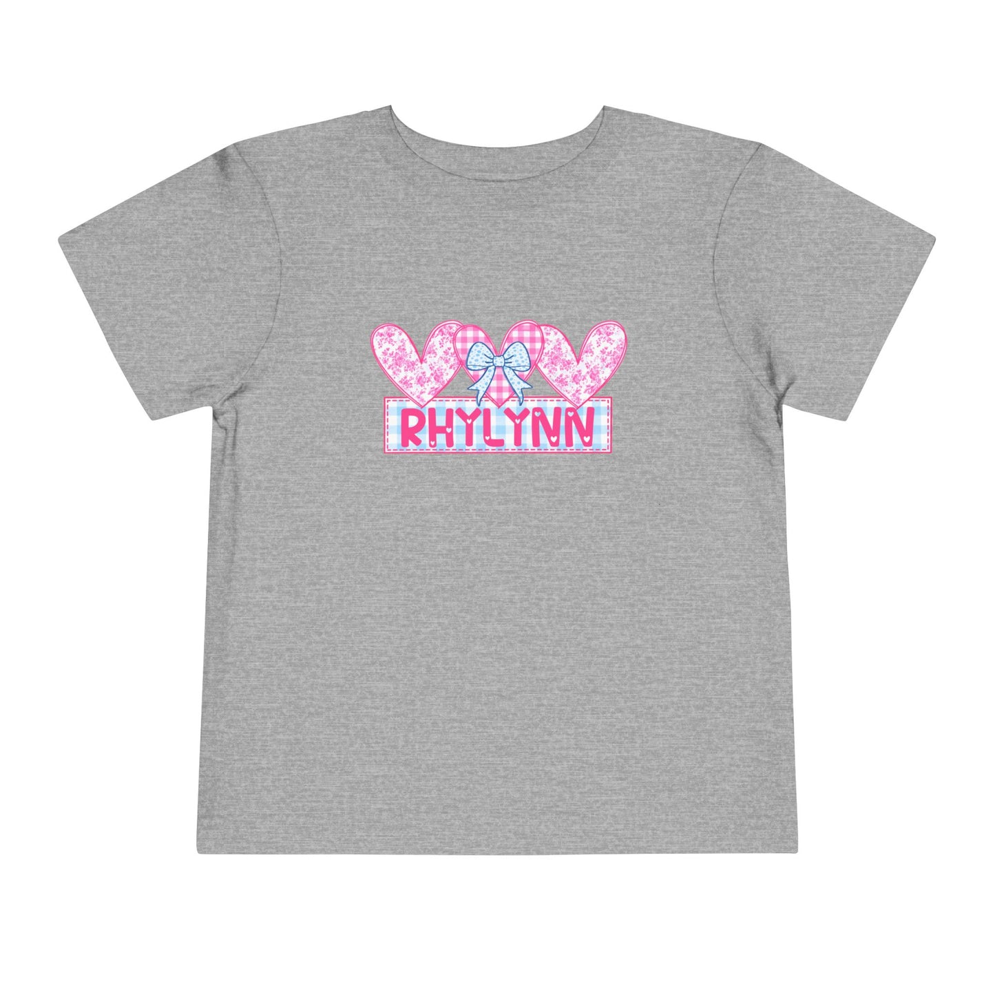 Personalized Toddler Tee — Pink Heart Bow Name "Rhylinn"