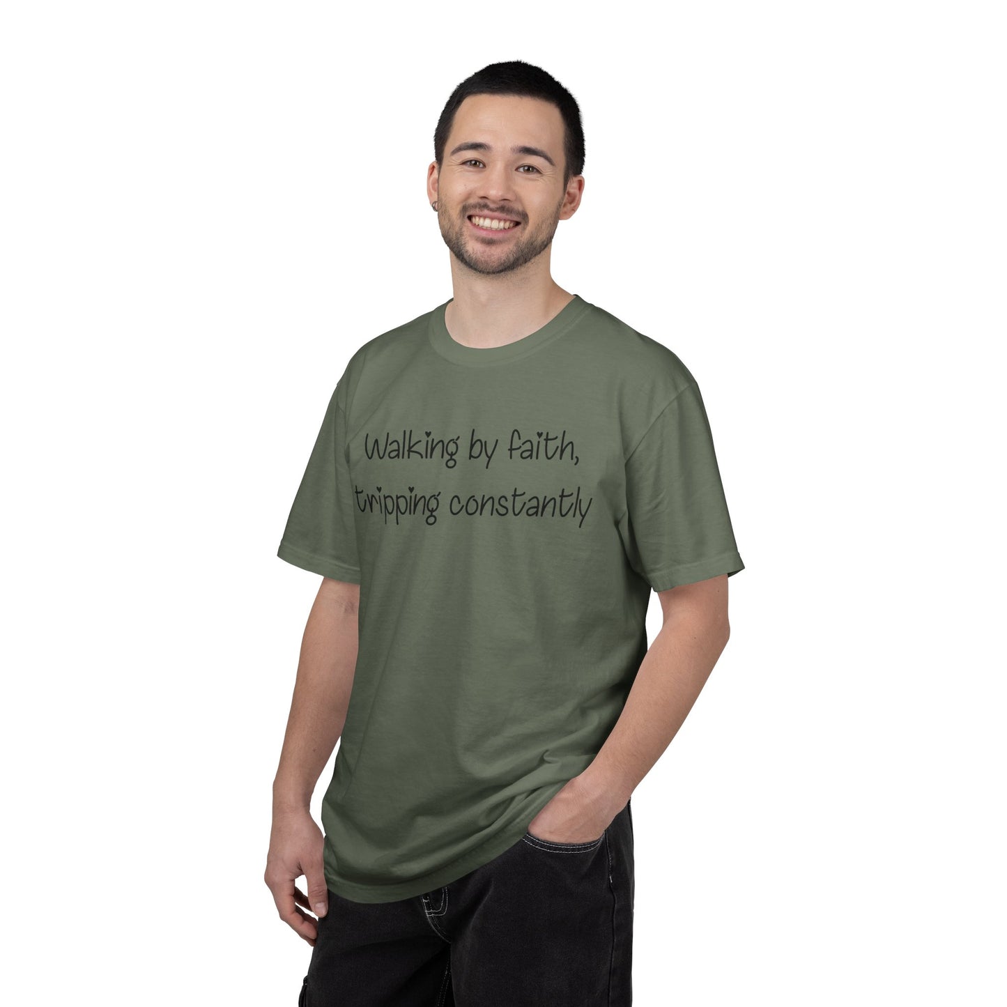 T-Shirt — "Walking by Faith, tripping constantly" Inspirational Christian Tee