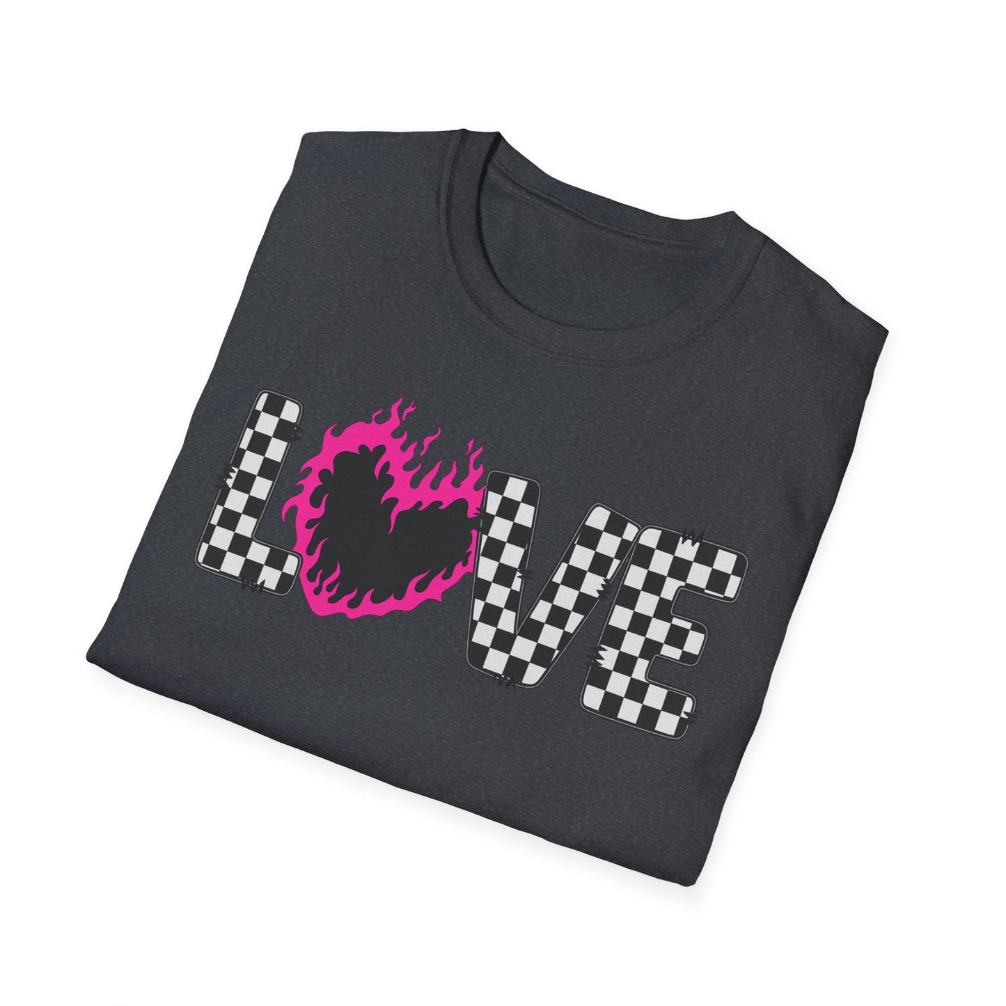 Love Checkerboard T-Shirt — Pink Flame Heart Graphic Tee