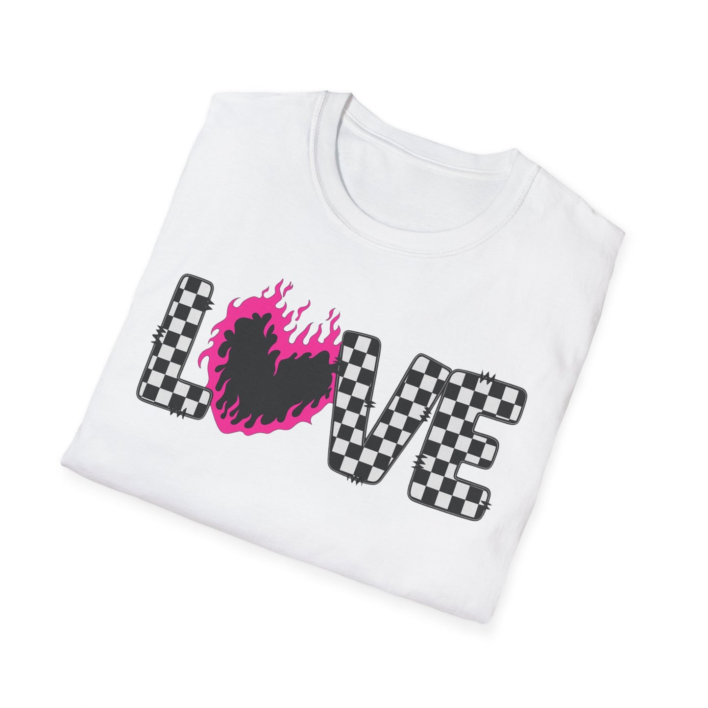 Love Checkerboard T-Shirt — Pink Flame Heart Graphic Tee