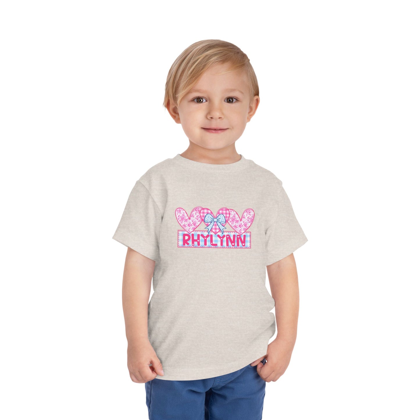 Personalized Toddler Tee — Pink Heart Bow Name "Rhylinn"