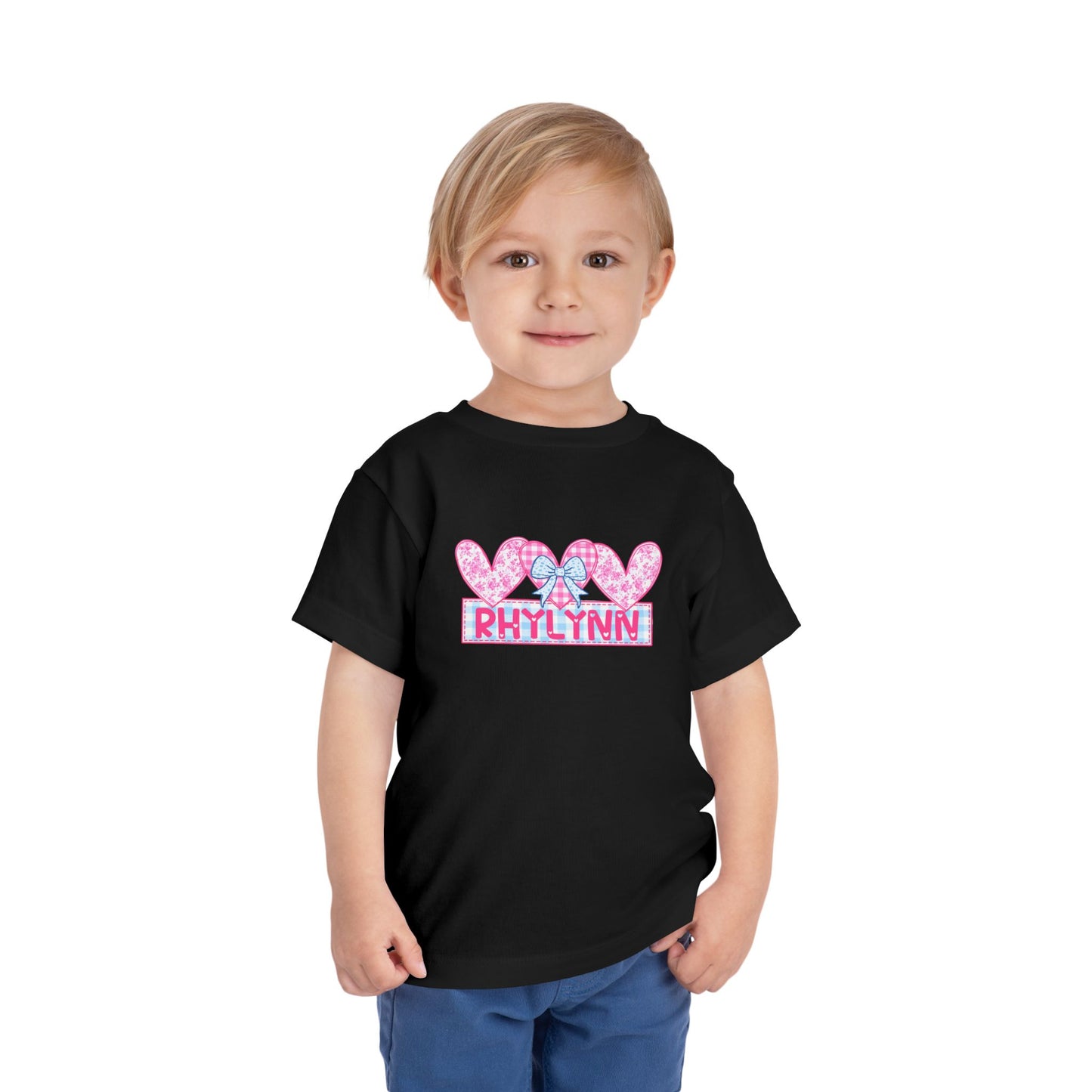 Personalized Toddler Tee — Pink Heart Bow Name "Rhylinn"