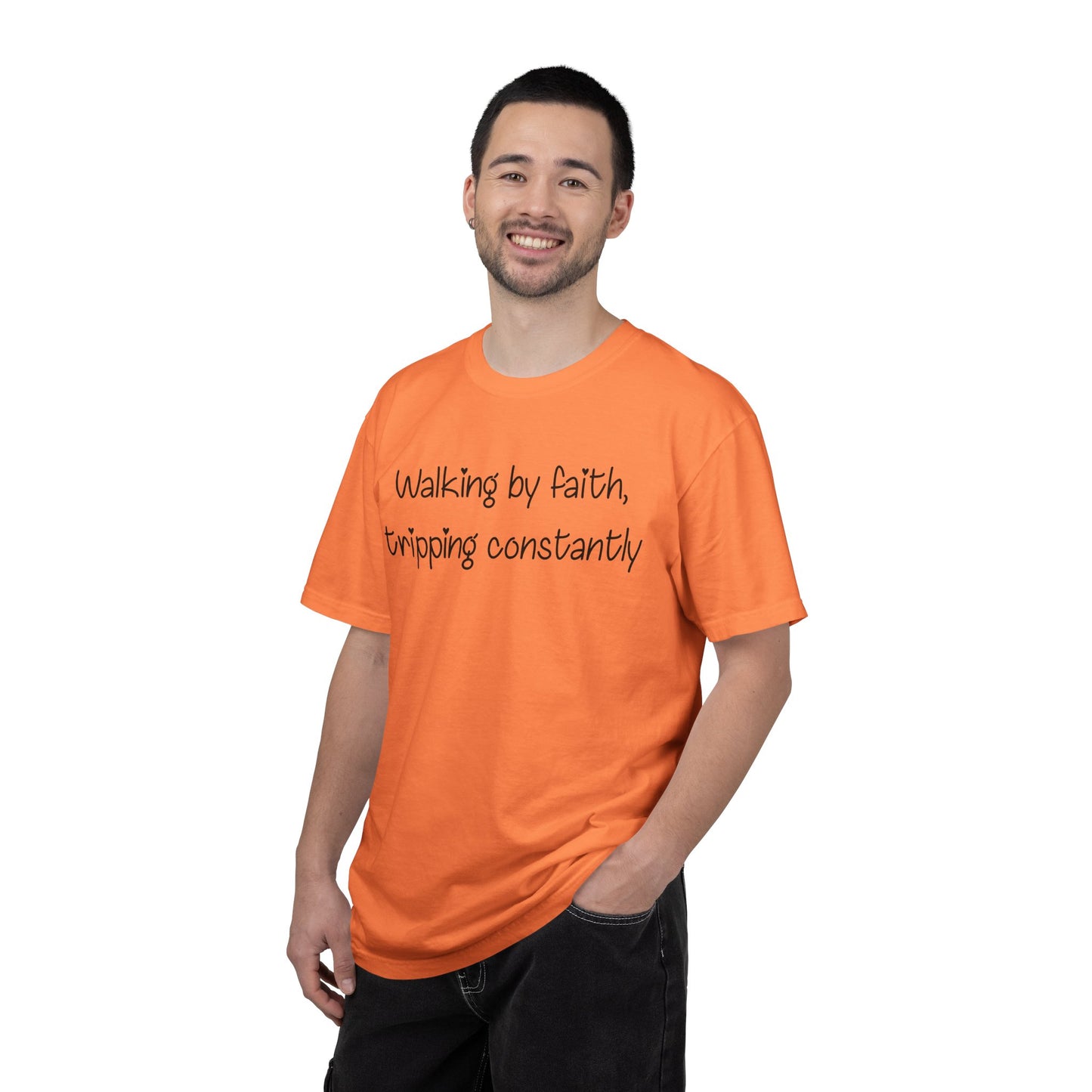 T-Shirt — "Walking by Faith, tripping constantly" Inspirational Christian Tee