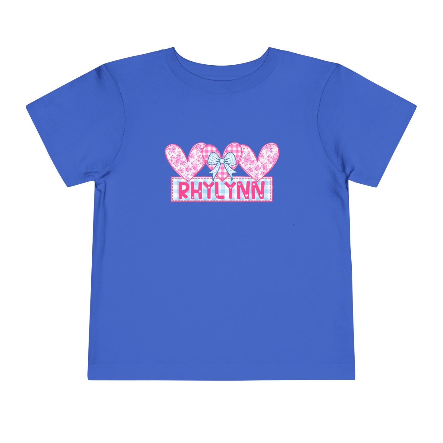 Personalized Toddler Tee — Pink Heart Bow Name "Rhylinn"