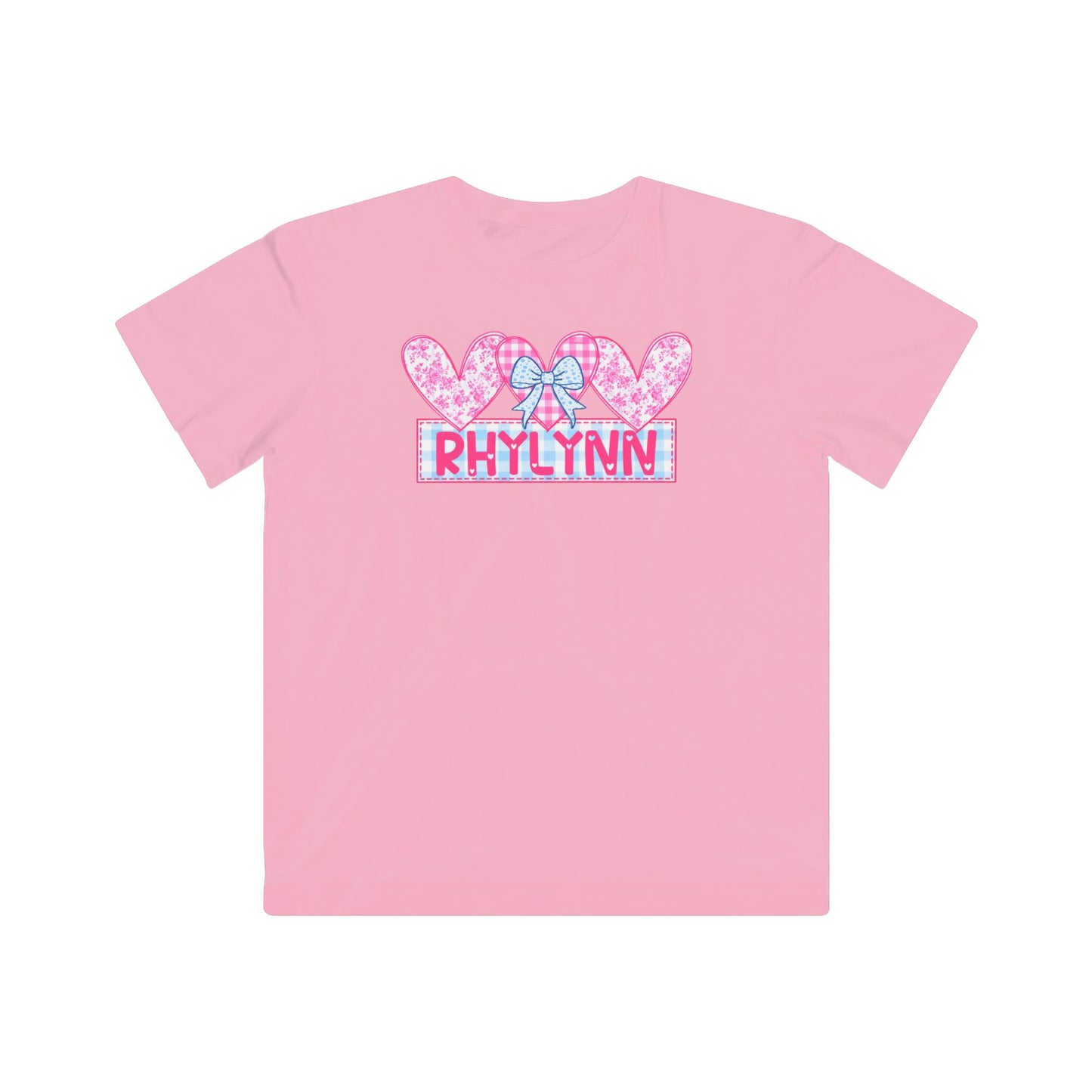 Kids Tee — Personalized Pink Hearts Name "Rhylynn" with Bow