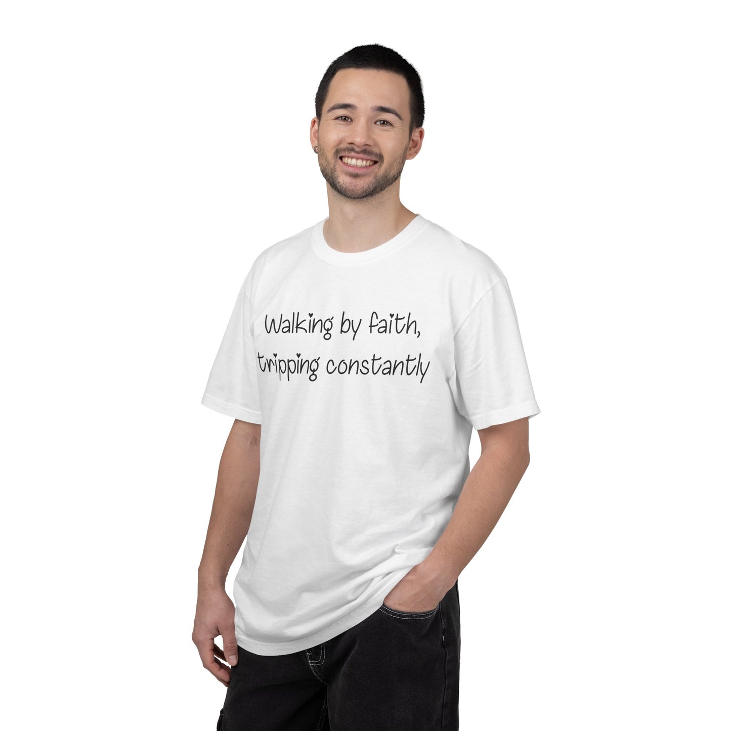 T-Shirt — "Walking by Faith, tripping constantly" Inspirational Christian Tee