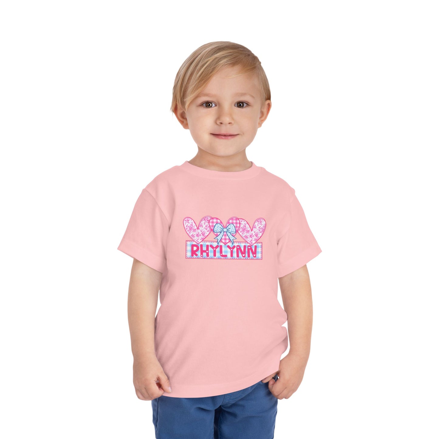 Personalized Toddler Tee — Pink Heart Bow Name "Rhylinn"