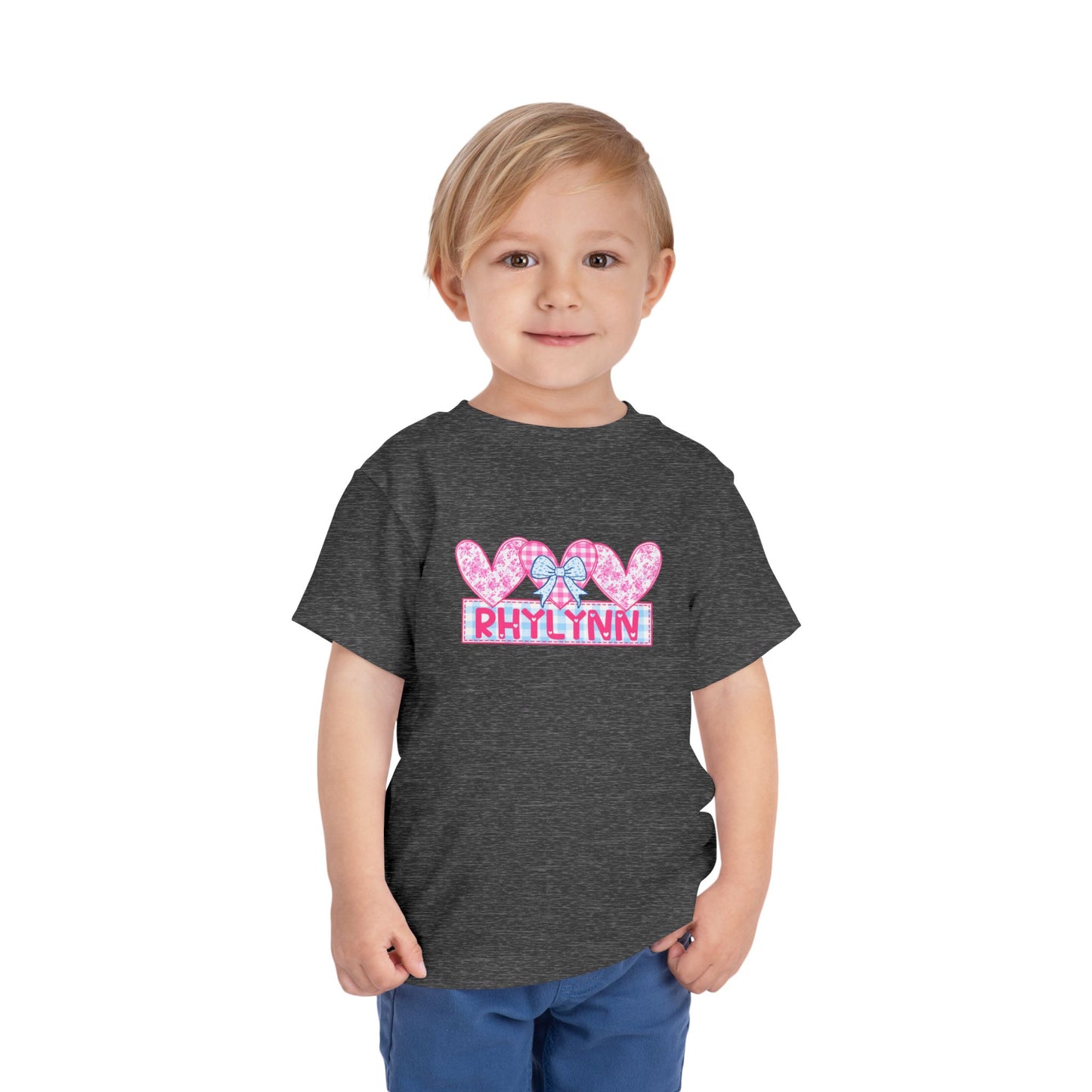 Personalized Toddler Tee — Pink Heart Bow Name "Rhylinn"