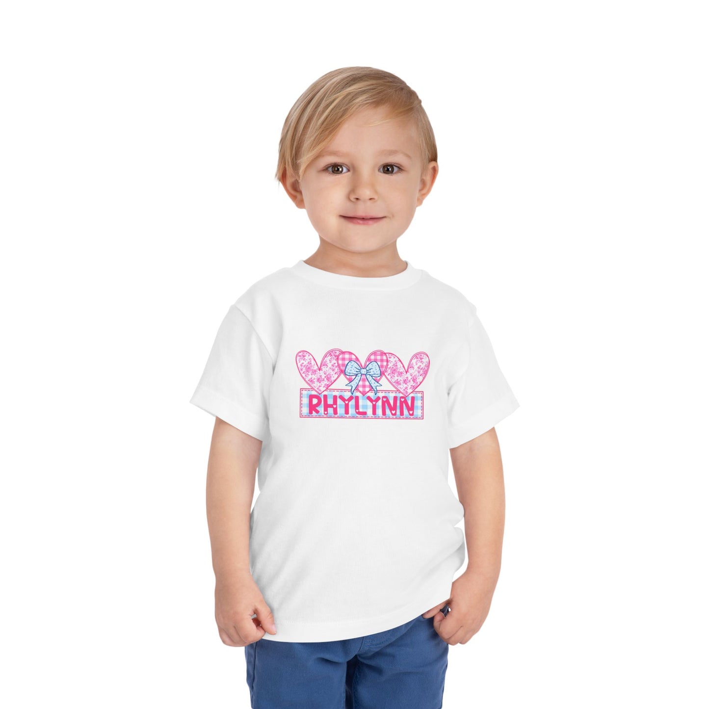 Personalized Toddler Tee — Pink Heart Bow Name "Rhylinn"