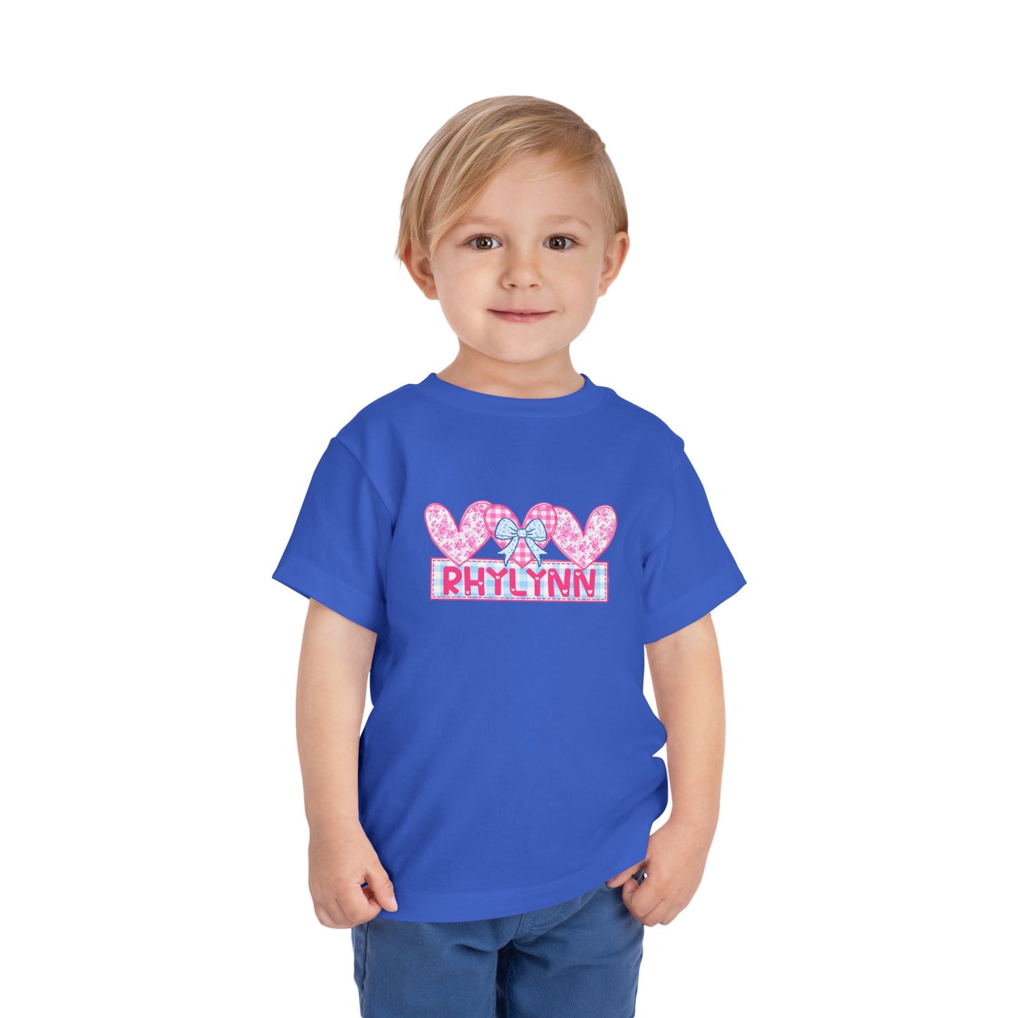 Personalized Toddler Tee — Pink Heart Bow Name "Rhylinn"