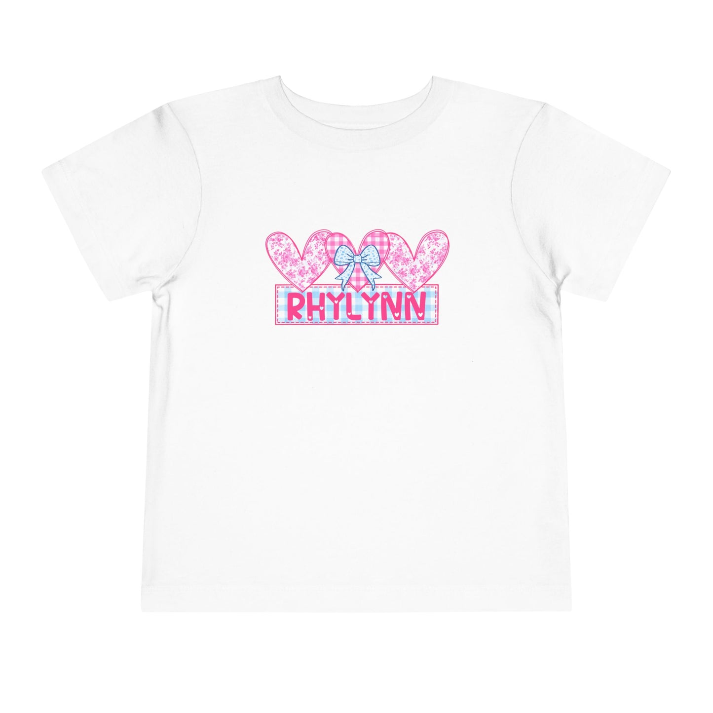 Personalized Toddler Tee — Pink Heart Bow Name "Rhylinn"