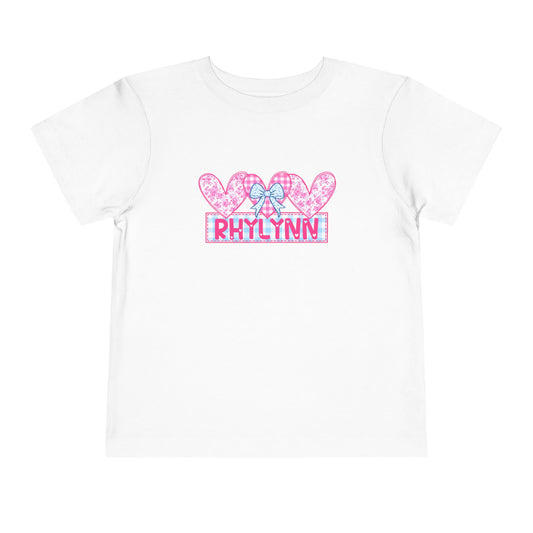 Personalized Toddler Tee — Pink Heart Bow Name "Rhylinn"