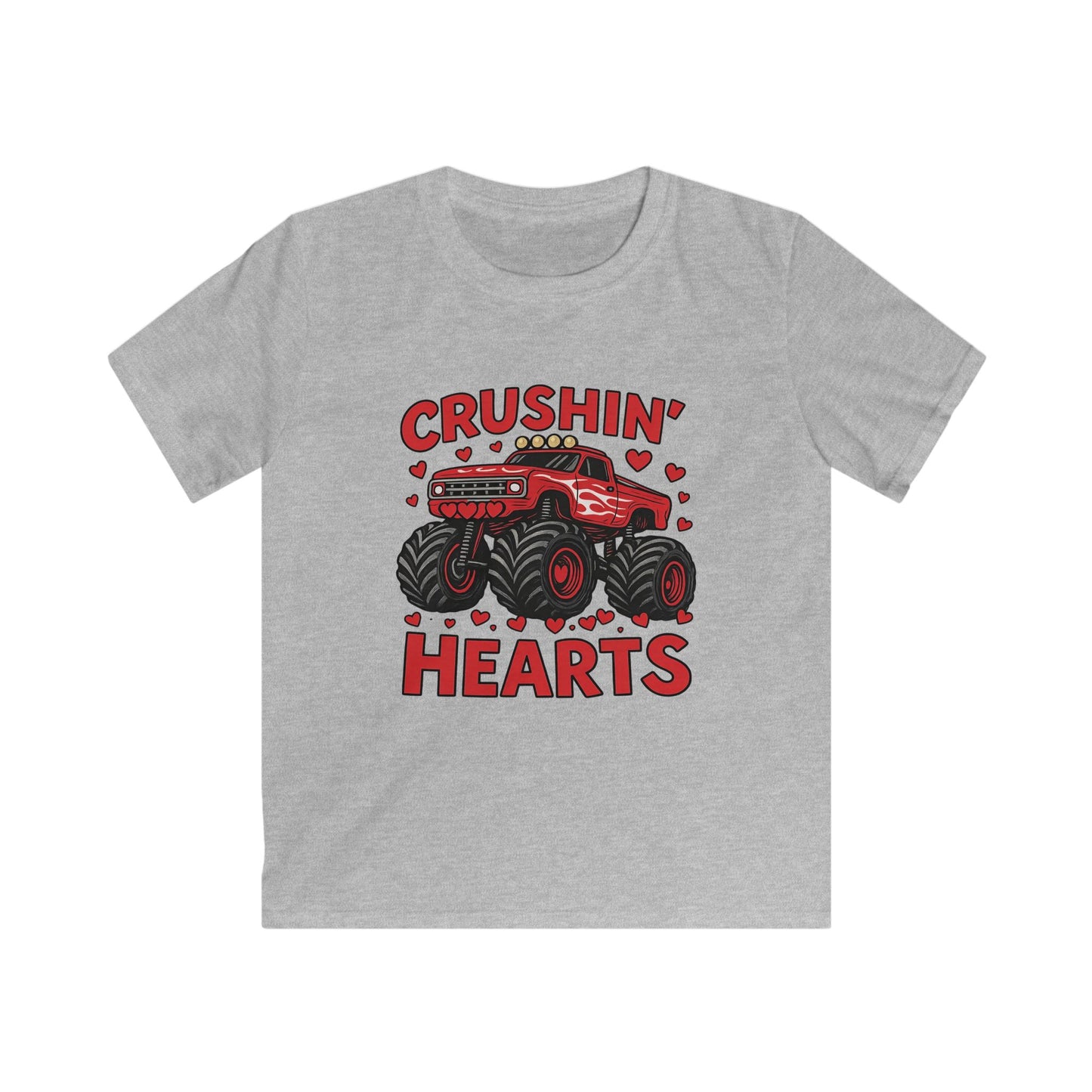 Crushin' Hearts Kids Tee — Red Monster Truck Valentine Shirt
