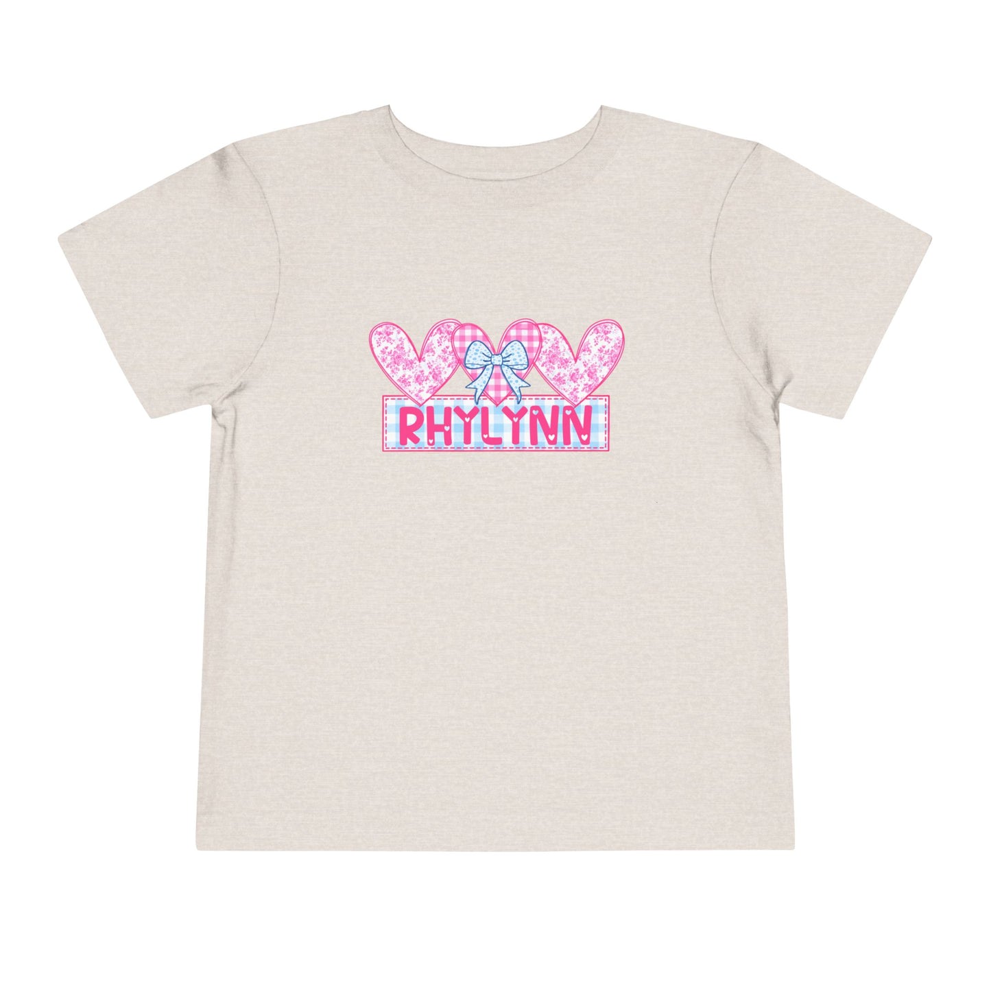 Personalized Toddler Tee — Pink Heart Bow Name "Rhylinn"