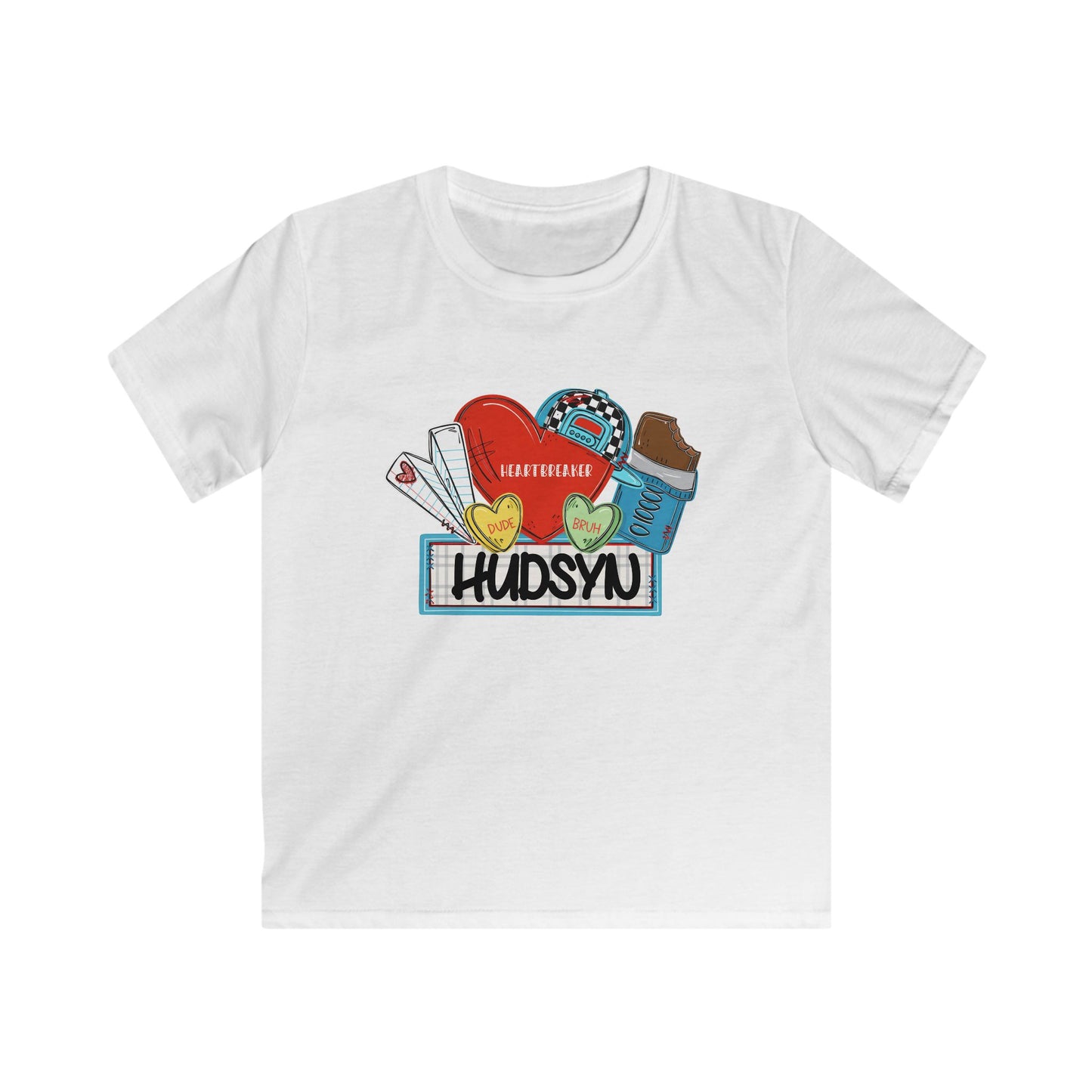 Kids Tee — 'your name' Cute Sticker Collage Graphic Shirt (Hearts, Donut, Coffee)