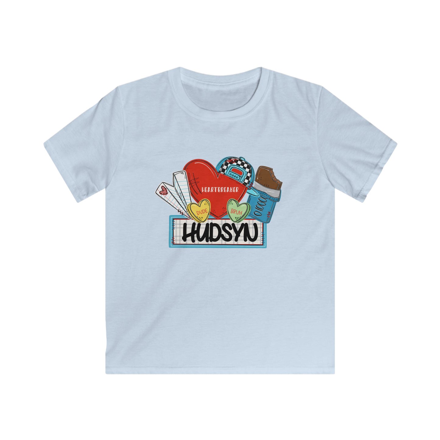 Kids Tee — 'your name' Cute Sticker Collage Graphic Shirt (Hearts, Donut, Coffee)