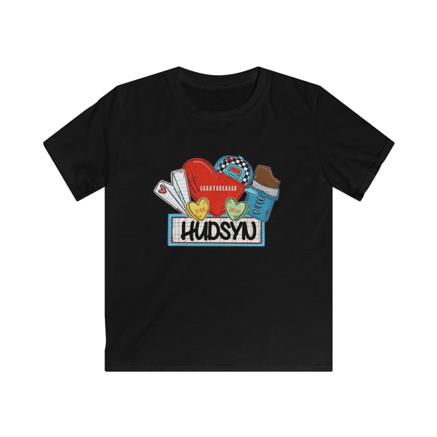 Kids Tee — 'your name' Cute Sticker Collage Graphic Shirt (Hearts, Donut, Coffee)