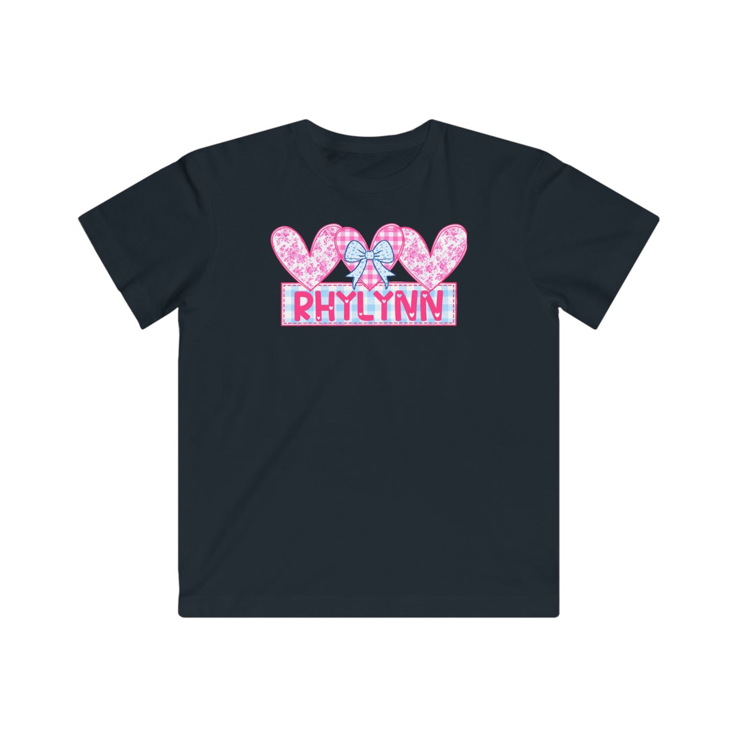 Kids Tee — Personalized Pink Hearts Name "Rhylynn" with Bow