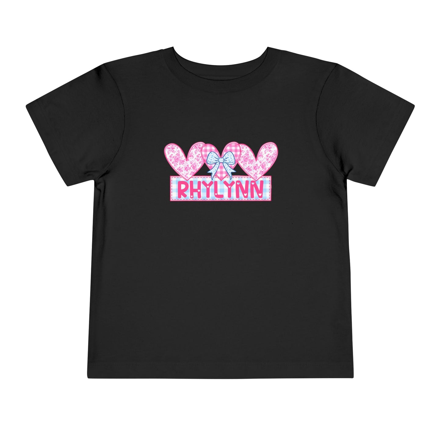 Personalized Toddler Tee — Pink Heart Bow Name "Rhylinn"