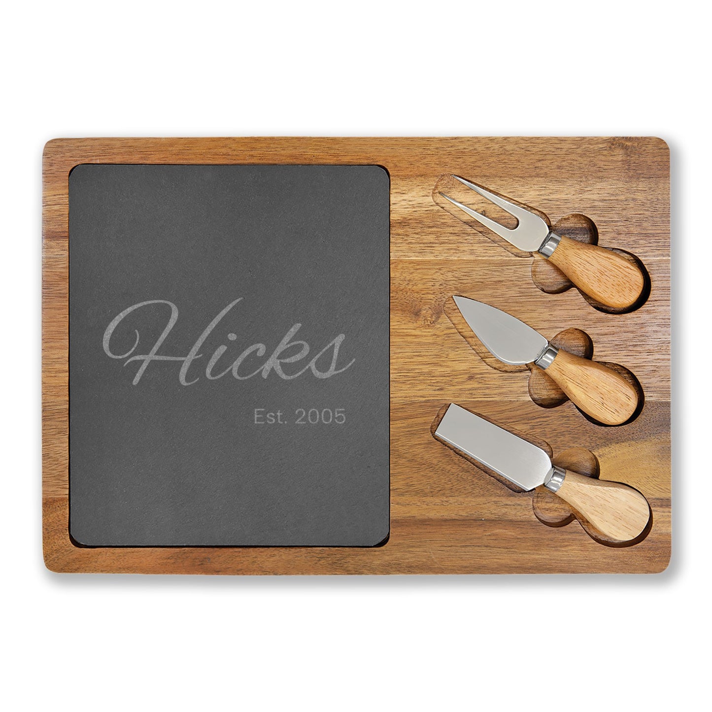 Engraved Acacia Charcuterie Board with Slate Inset — Personalized Name & Est. Date