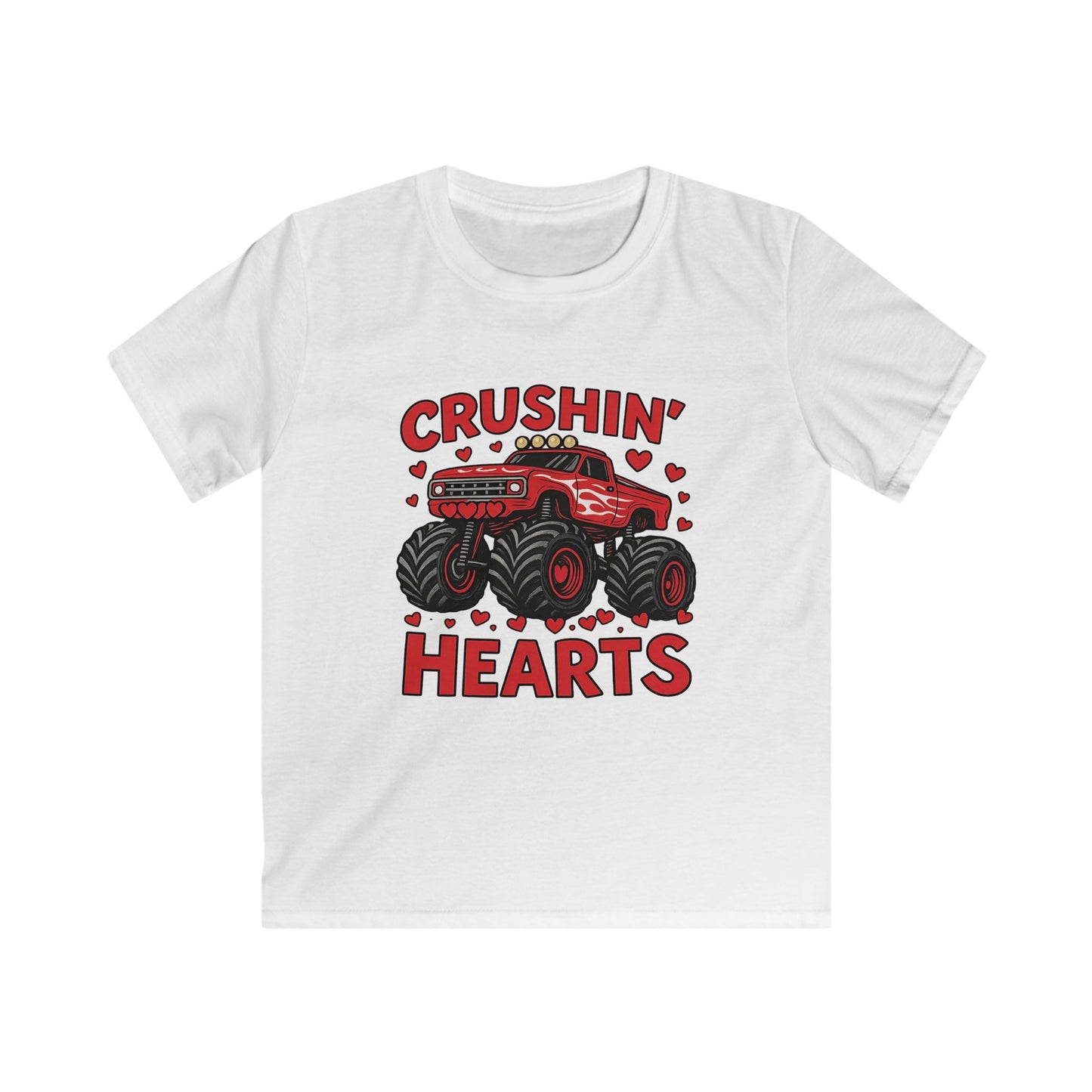 Crushin' Hearts Kids Tee — Red Monster Truck Valentine Shirt