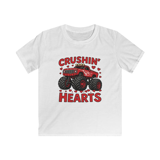 Crushin' Hearts Kids Tee — Red Monster Truck Valentine Shirt