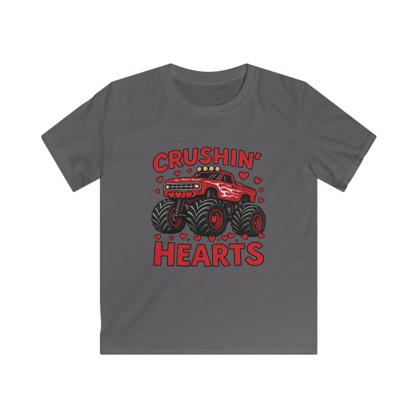 Crushin' Hearts Kids Tee — Red Monster Truck Valentine Shirt