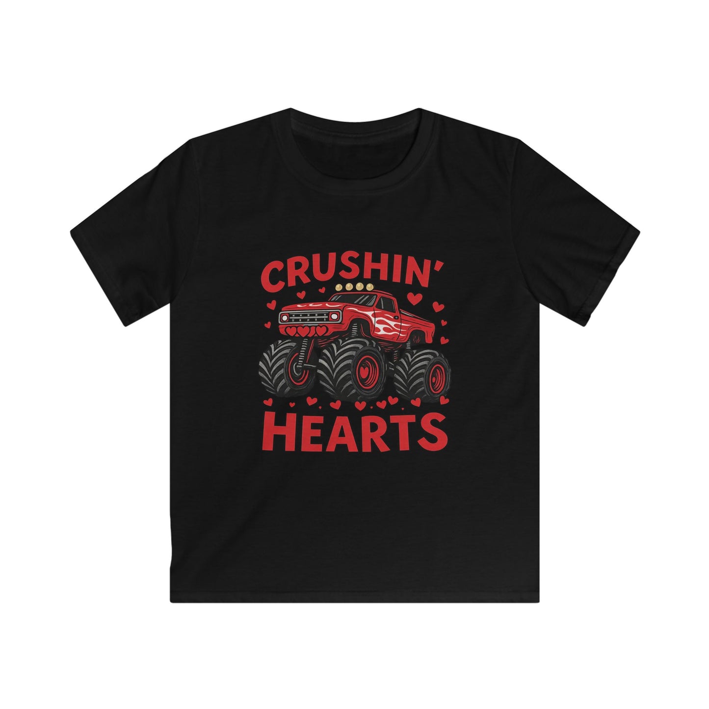 Crushin' Hearts Kids Tee — Red Monster Truck Valentine Shirt
