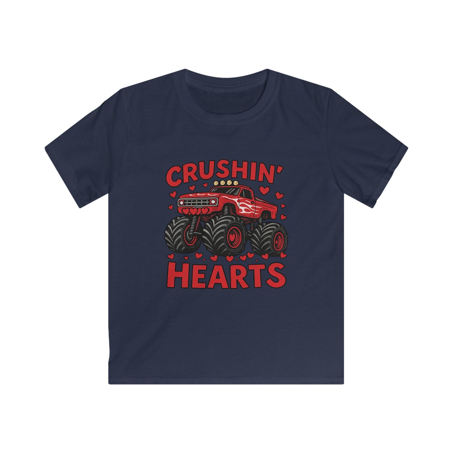 Crushin' Hearts Kids Tee — Red Monster Truck Valentine Shirt