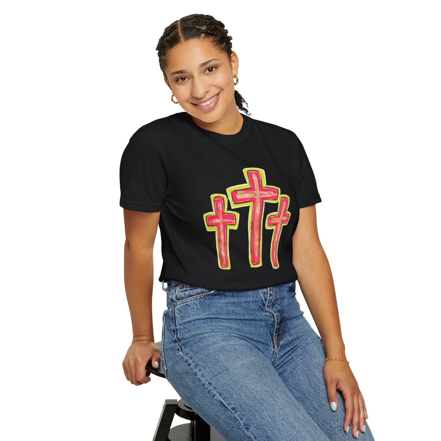 Christian Cross T-Shirt — Pink Triple Cross Graphic Tee
