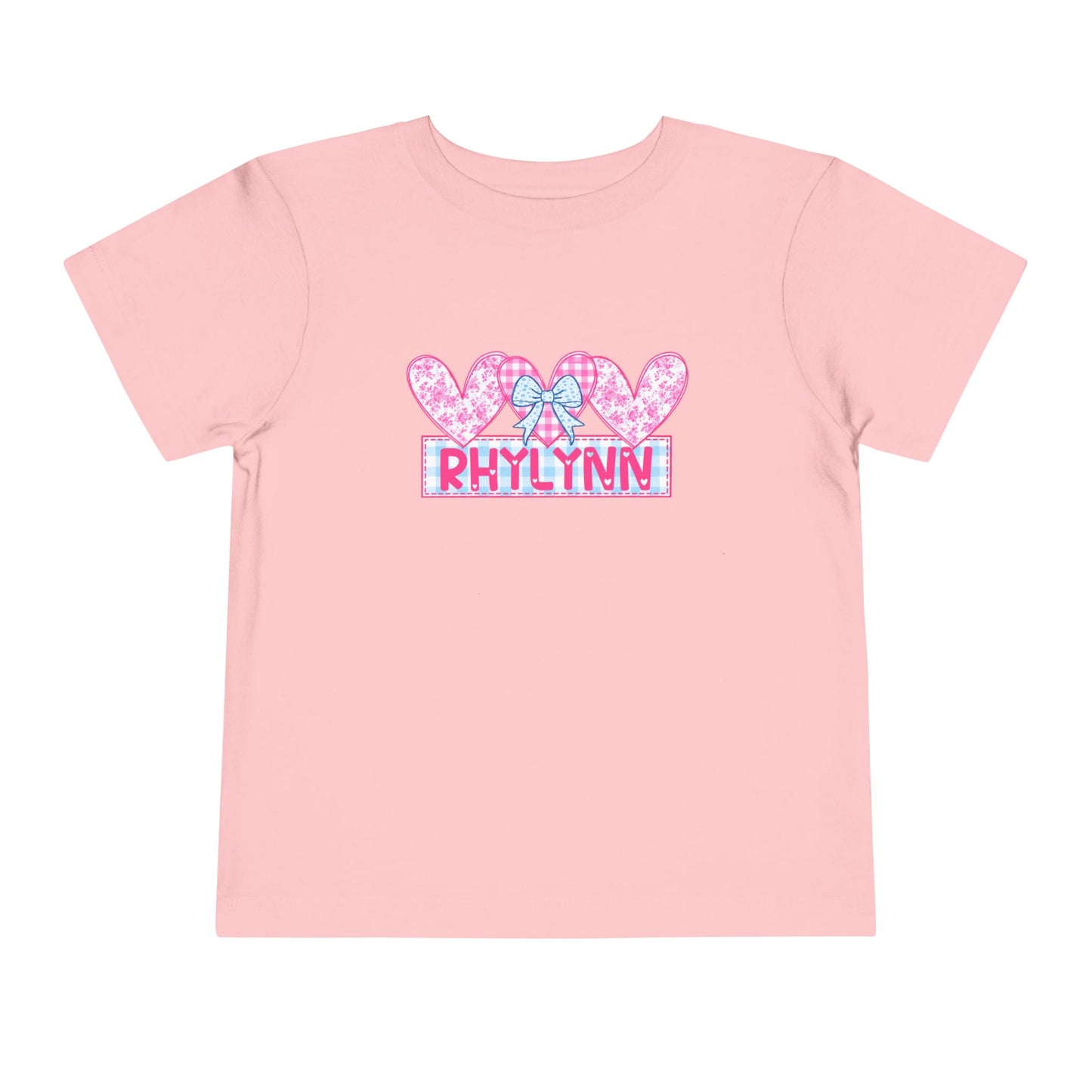 Personalized Toddler Tee — Pink Heart Bow Name "Rhylinn"
