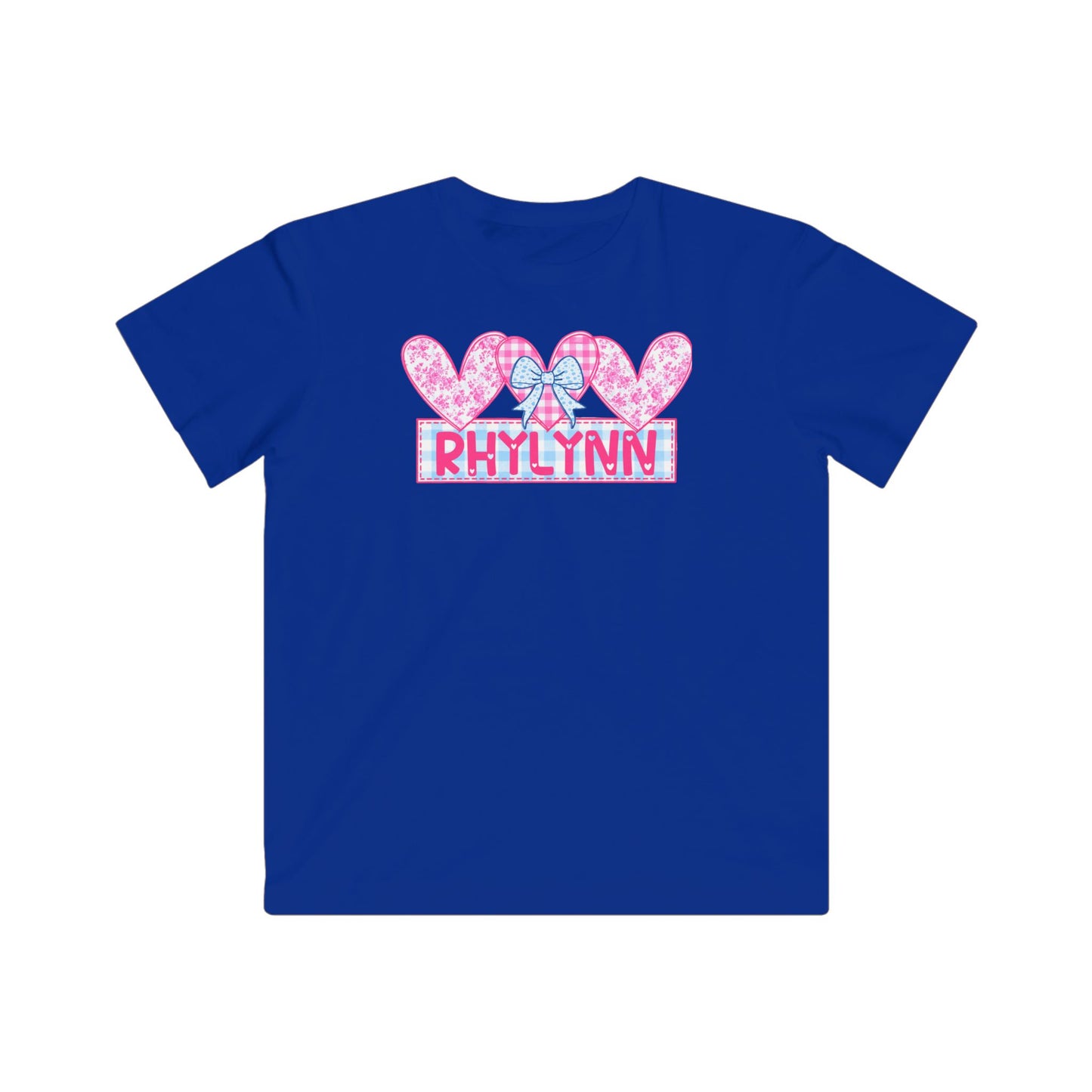 Kids Tee — Personalized Pink Hearts Name "Rhylynn" with Bow