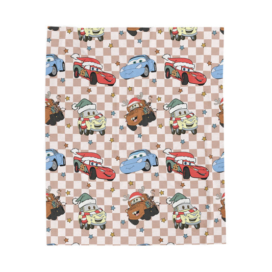Kids Holiday Race Car Velveteen Plush Blanket — Cute Cartoon Cars on Checkerboard
