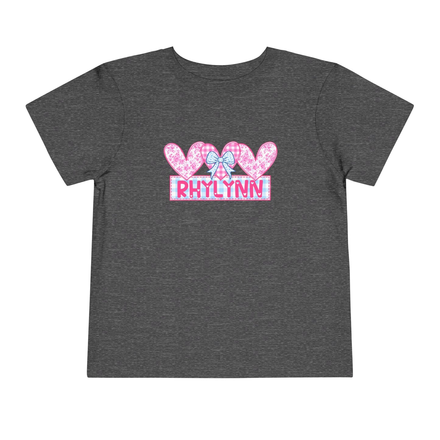 Personalized Toddler Tee — Pink Heart Bow Name "Rhylinn"