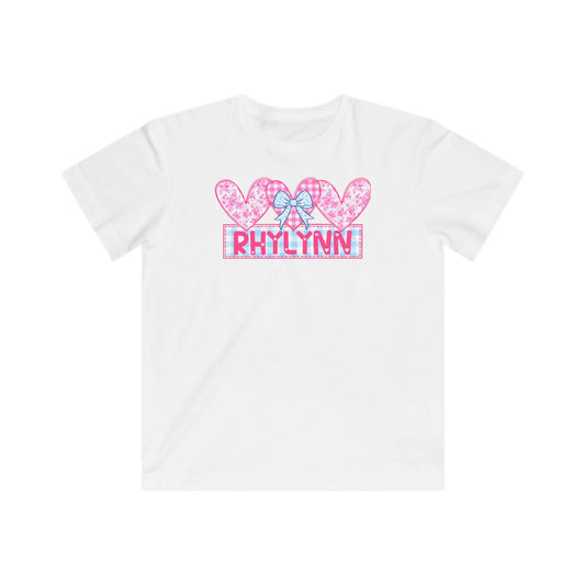 Kids Tee — Personalized Pink Hearts Name "Rhylynn" with Bow