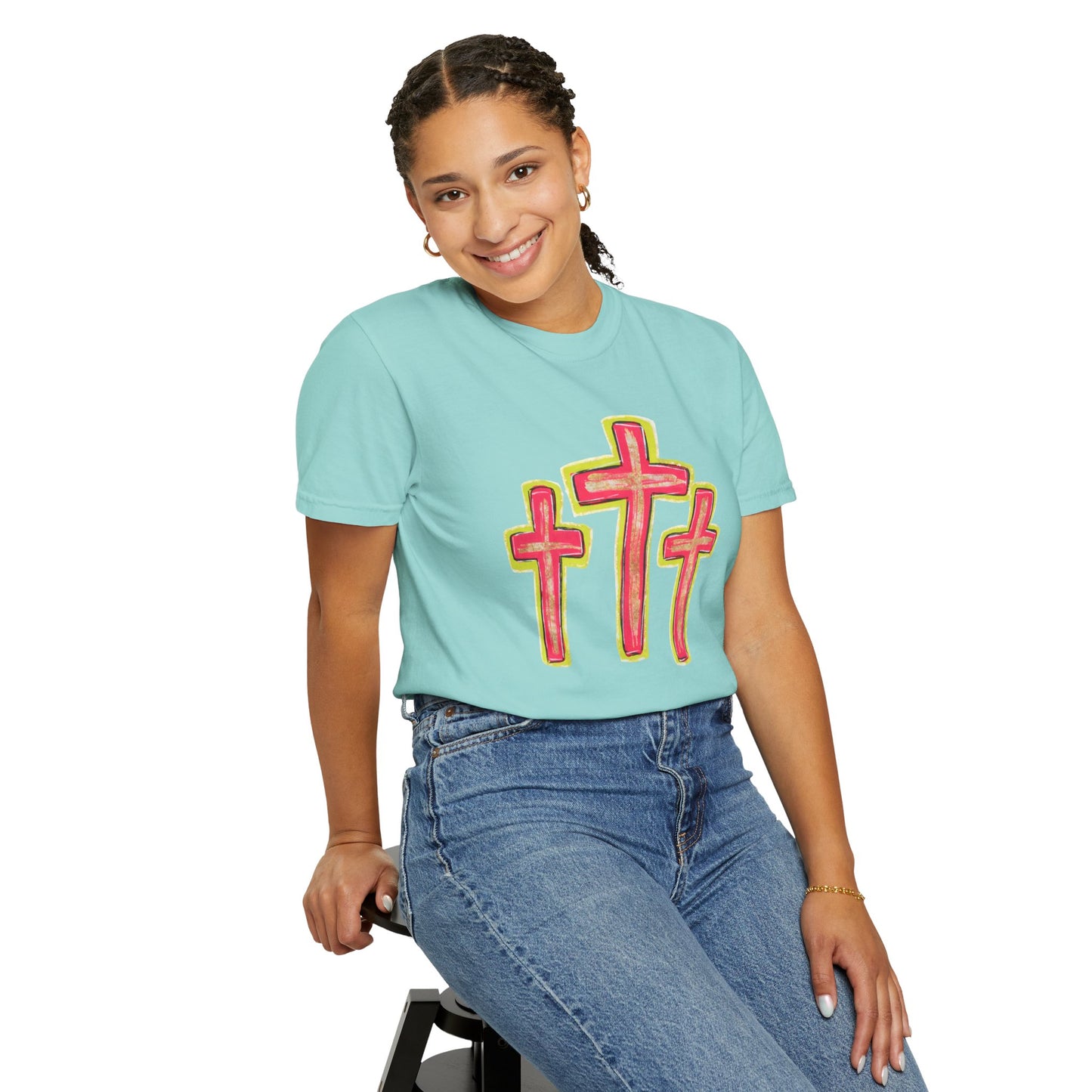 Christian Cross T-Shirt — Pink Triple Cross Graphic Tee